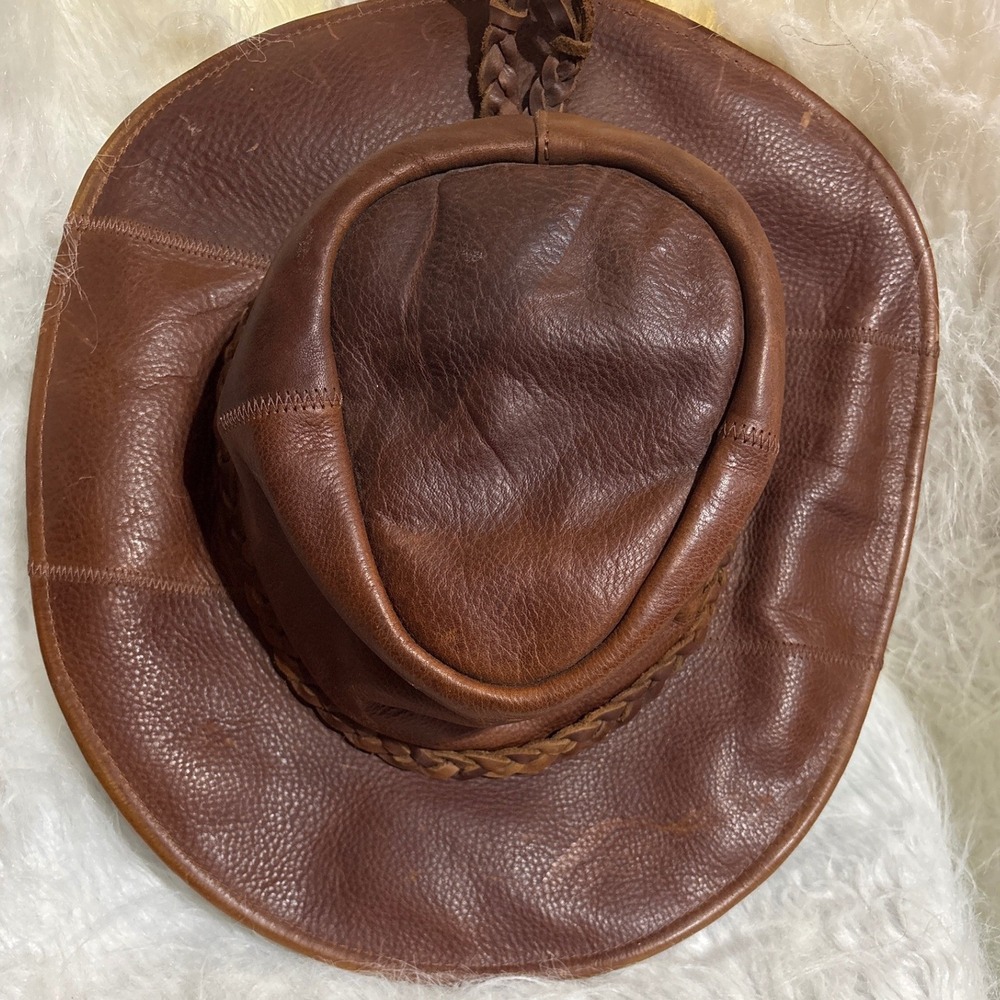 Brown Genuine Leather Outback Cowboy Hat Braided Band Made in Mexico Large